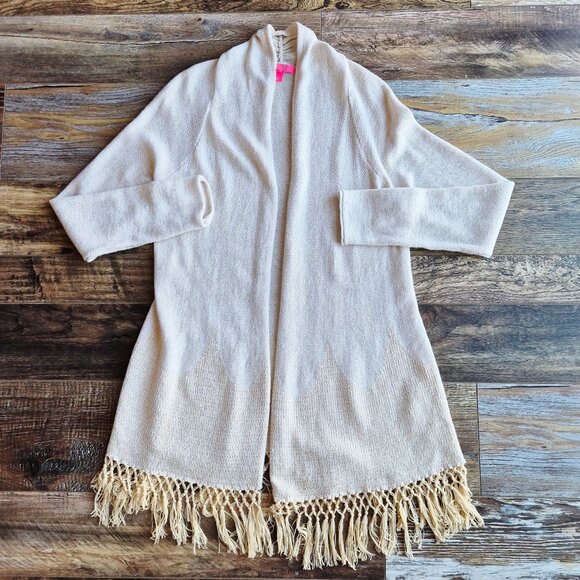 Lilly Pulitzer Tatum Fringe Hem Open Cardigan Cotton Blend Beige Gold Metallic - Picture 6 of 15